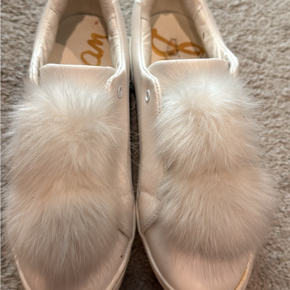 Sam Edelman White Fur Pom Pom Sneakers